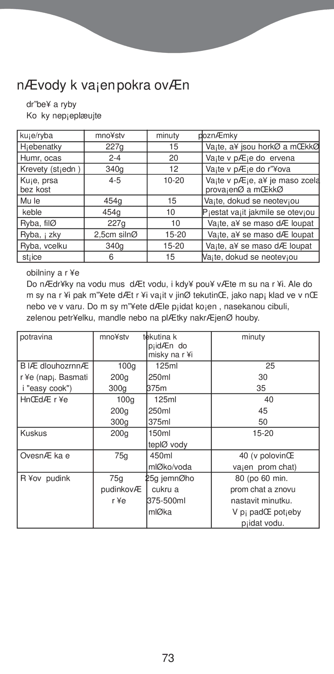 Kenwood FS370 manual Návody k va¡ení pokraïování, Drºbe¥ a ryby, Obilniny a rƒ¥e 