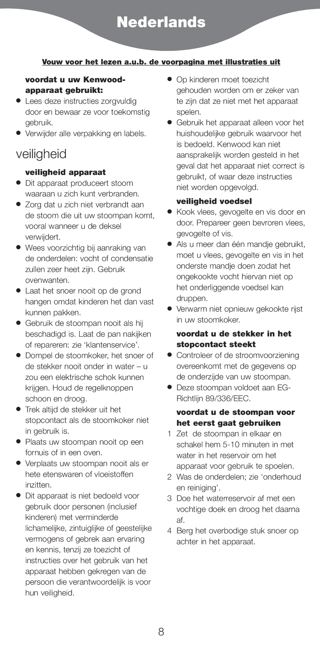 Kenwood FS470 series manual Nederlands, Veiligheid 