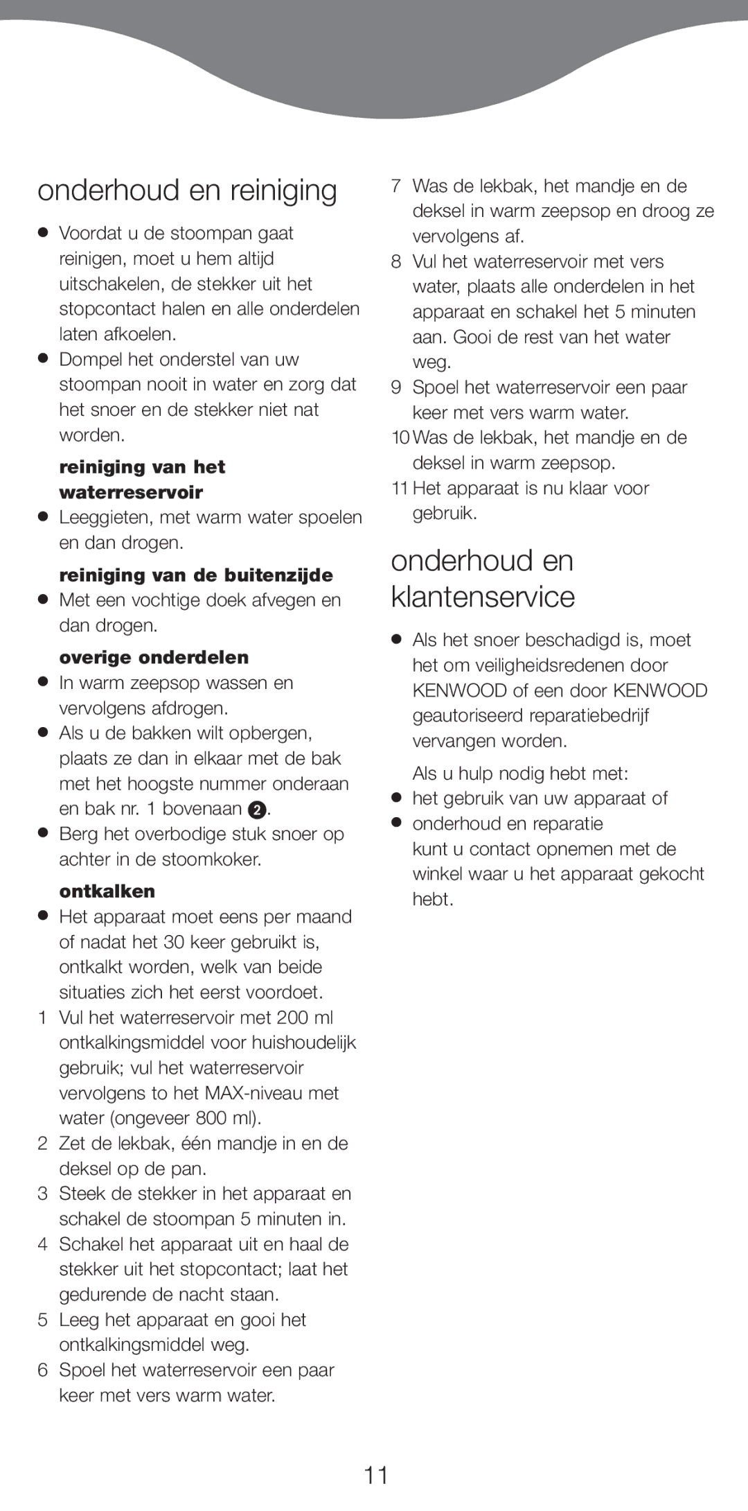 Kenwood FS470 series manual Onderhoud en reiniging, Onderhoud en klantenservice 