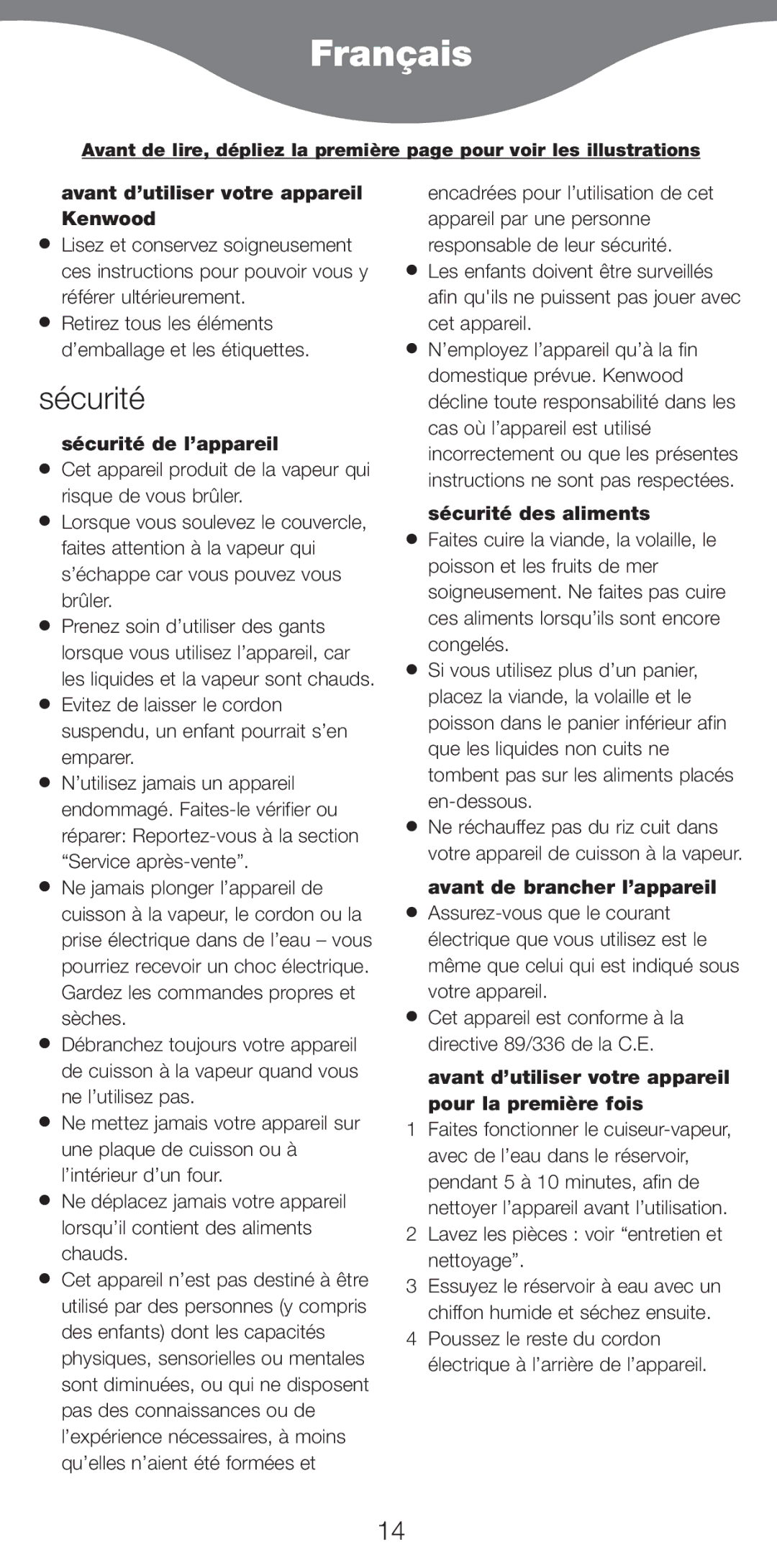 Kenwood FS470 series manual Franais, SŽcuritŽ 