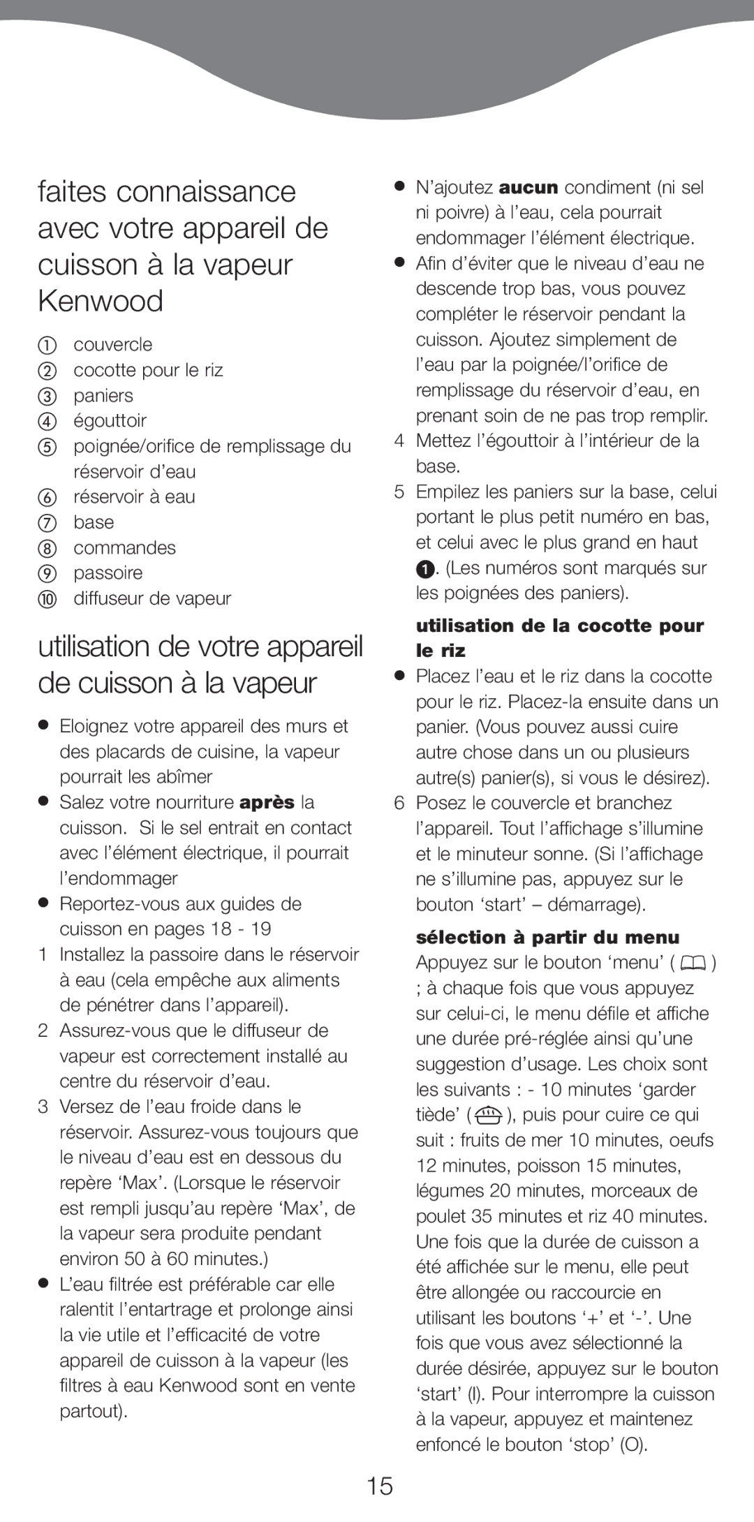 Kenwood FS470 series manual Reportez-vous aux guides de cuisson en pages 18, Mettez lÕŽgouttoir ˆ lÕintŽrieur de la base 