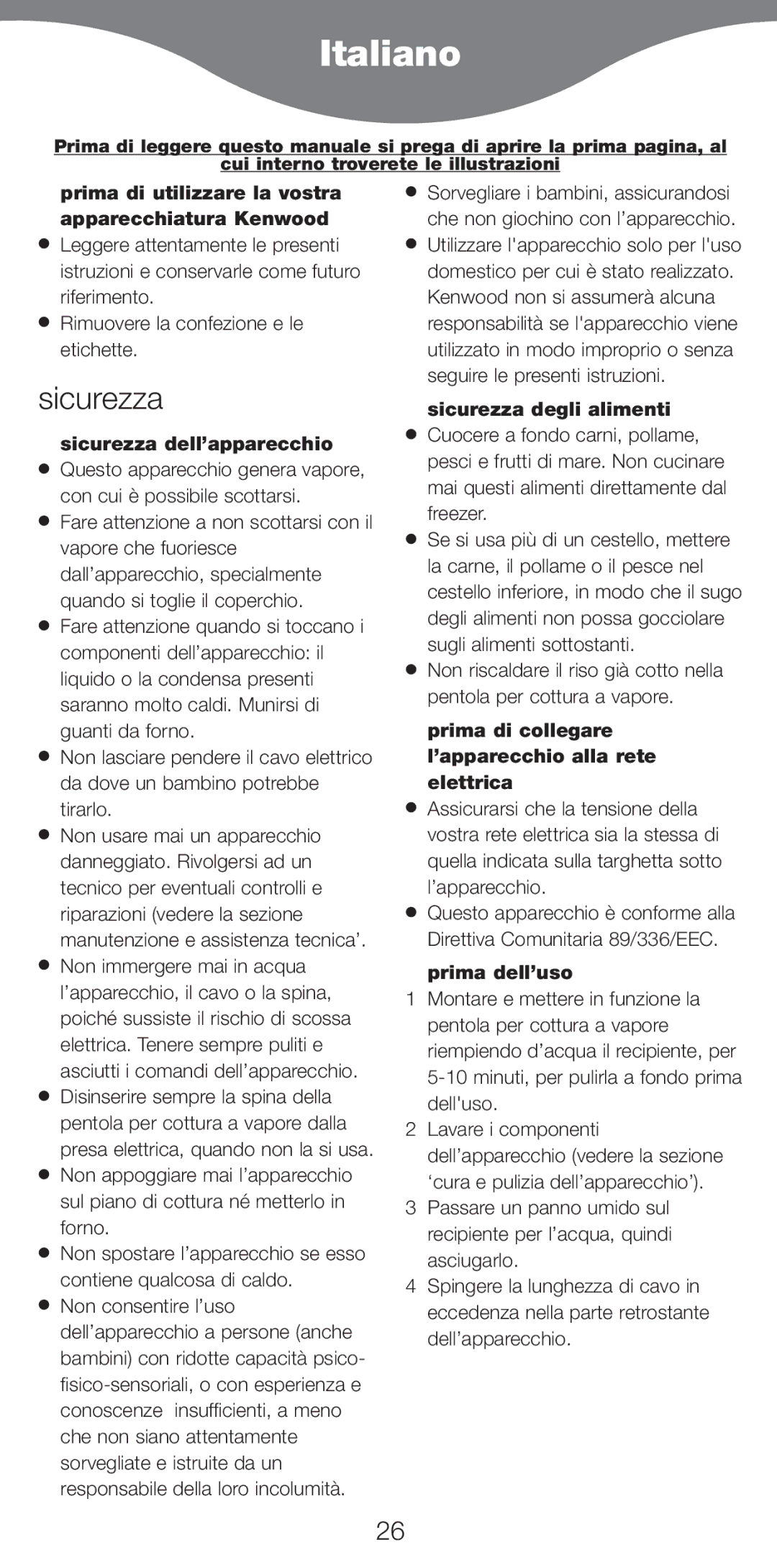 Kenwood FS470 series manual Italiano, Sicurezza 