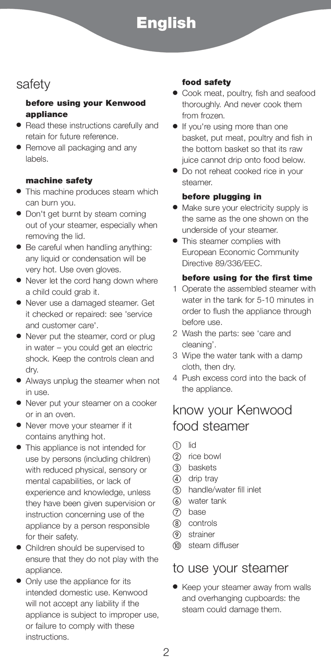 Kenwood FS470 series manual English, Safety, Know your Kenwood food steamer, To use your steamer 