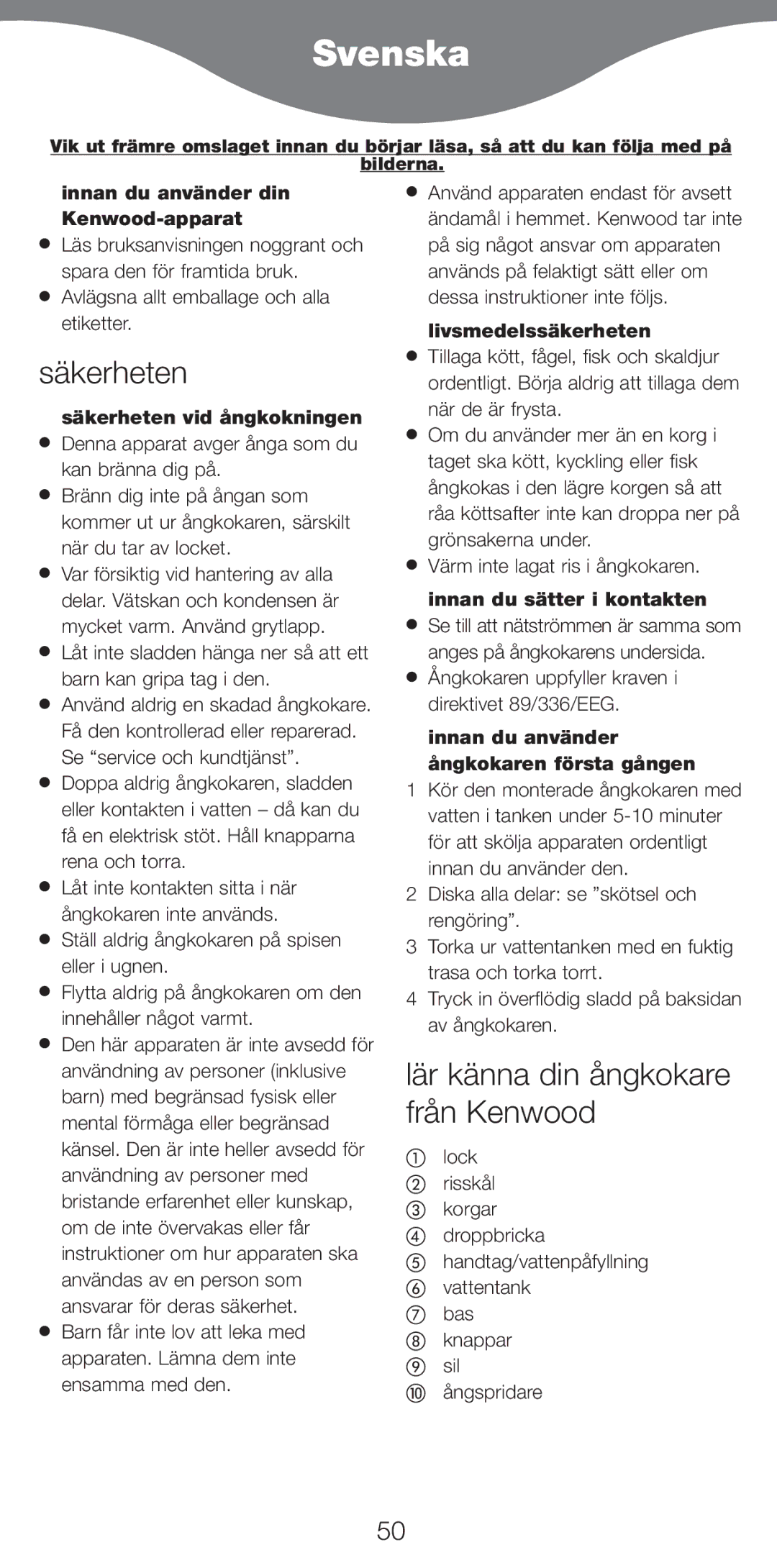 Kenwood FS470 series manual Svenska, SŠkerheten 