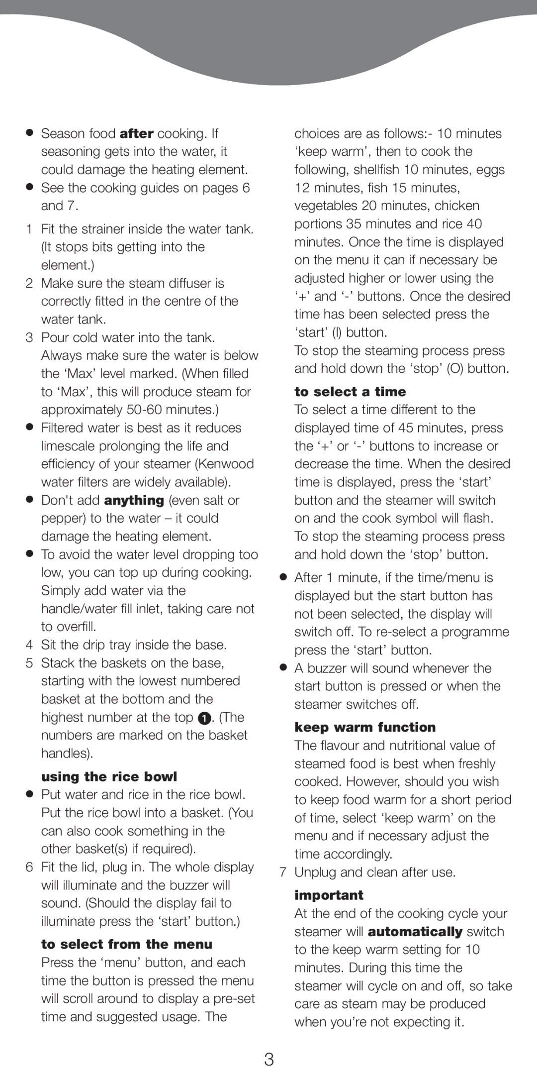 Kenwood FS470 series manual Using the rice bowl, To select a time, Keep warm function 