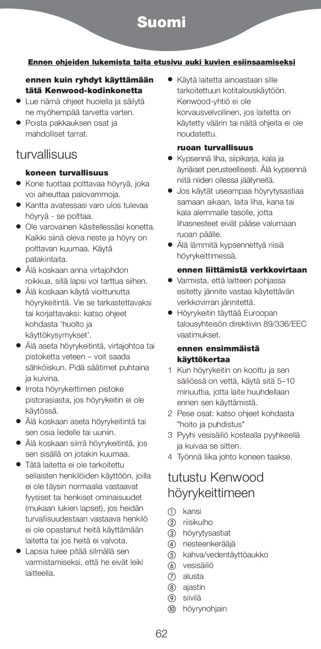 Kenwood FS470 series manual Suomi, Turvallisuus, Tutustu Kenwood hšyrykeittimeen 