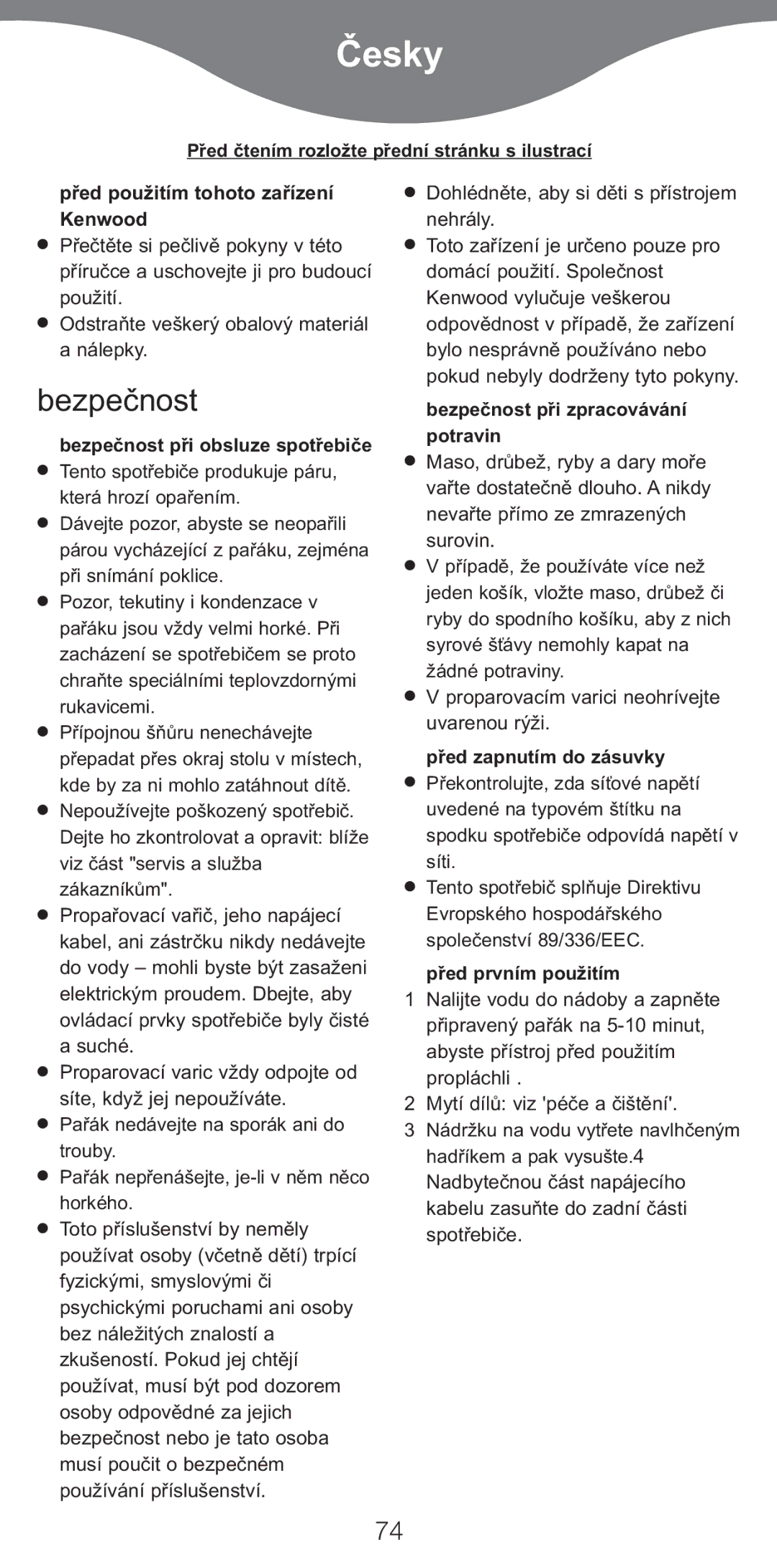 Kenwood FS470 series manual Ïesky, Bezpeïnost 