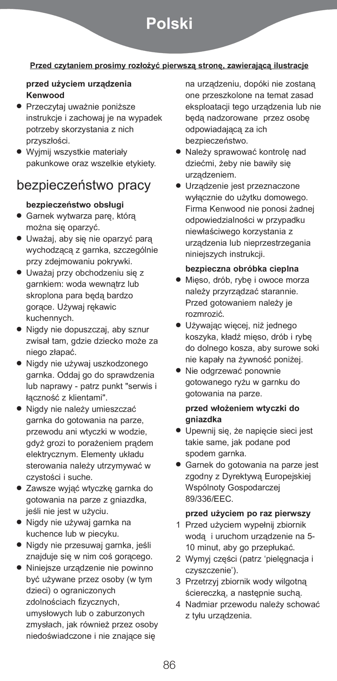 Kenwood FS470 series manual Polski, Bezpieczeæstwo pracy 