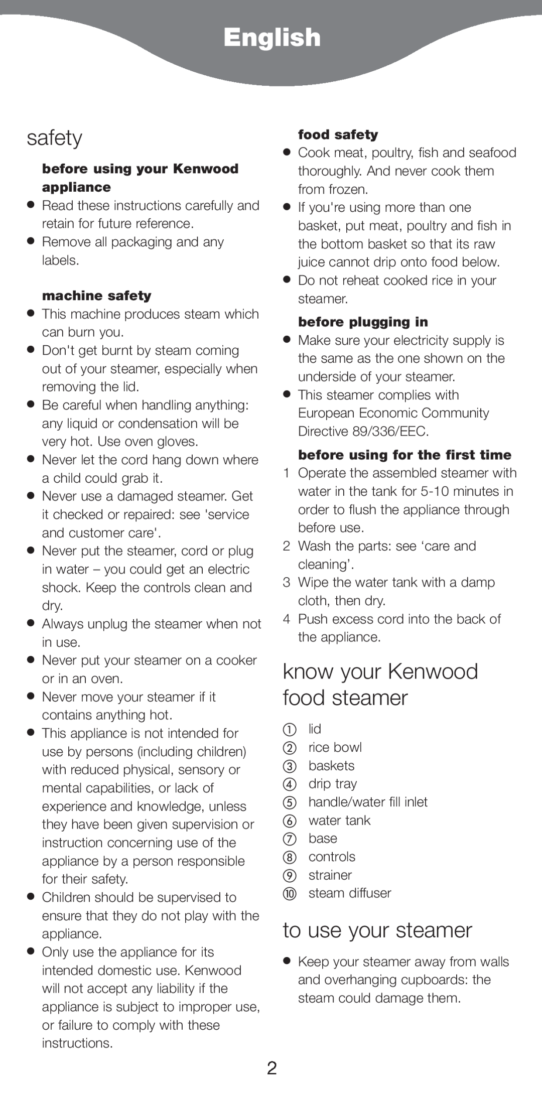 Kenwood FS470 series manual English, know your Kenwood food steamer, to use your steamer, machine safety, food safety 