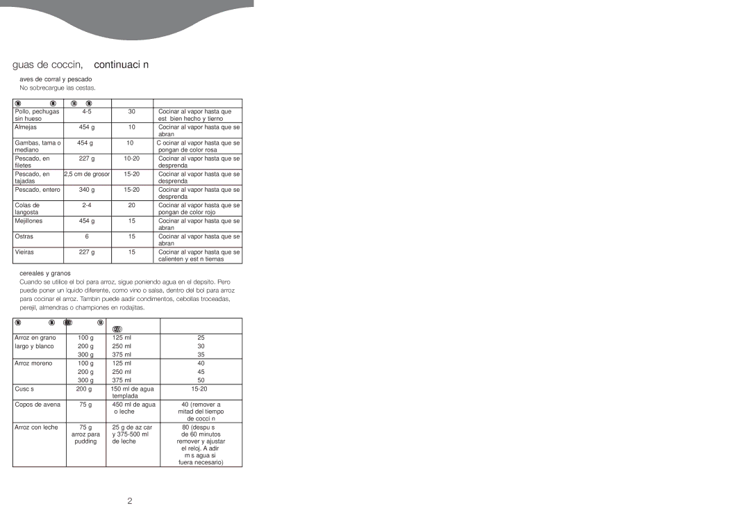 Kenwood FS620 manual Guías de cocción, continuación, Aves de corral y pescado, No sobrecargue las cestas, Cereales y granos 