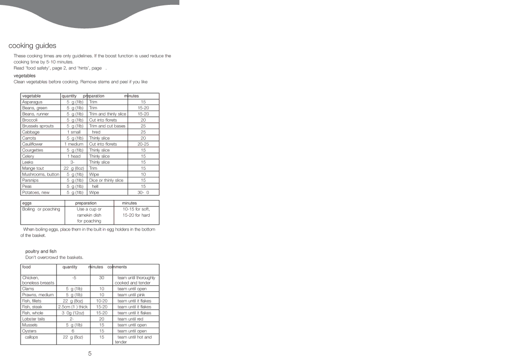 Kenwood FS620 manual Cooking guides, Read food safety, page 2, and hints, page 4. vegetables, Poultry and fish 