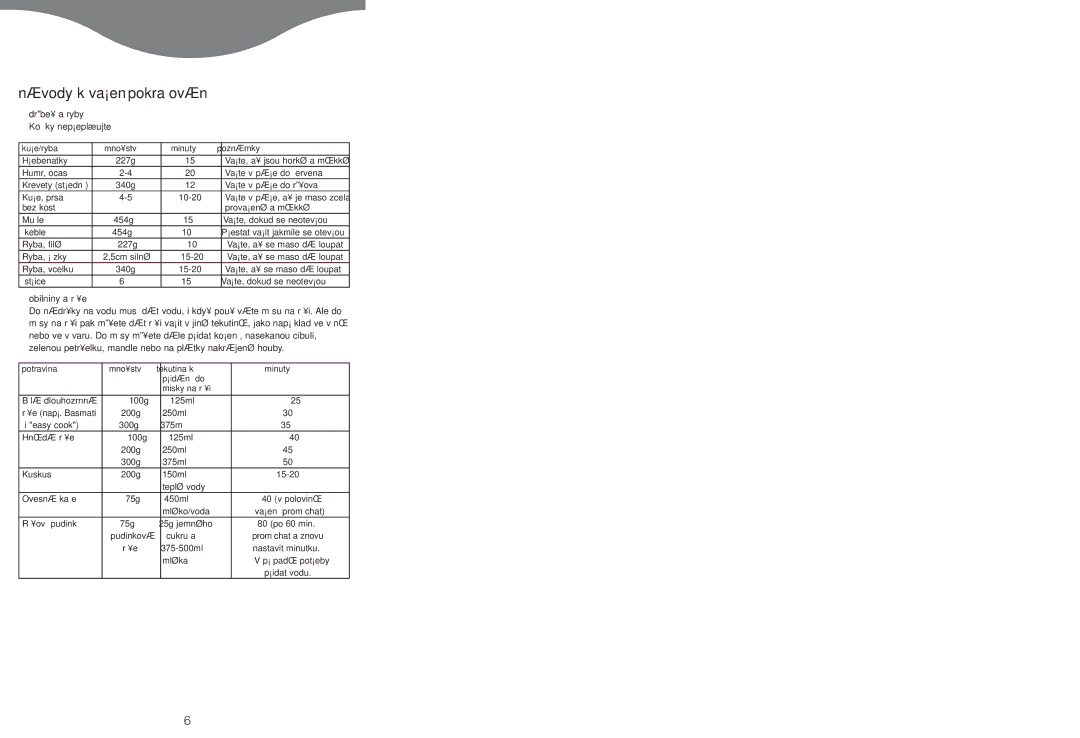 Kenwood FS620 manual Návody k va¡ení pokraïování, Drºbe¥ a ryby, Obilniny a rƒ¥e 