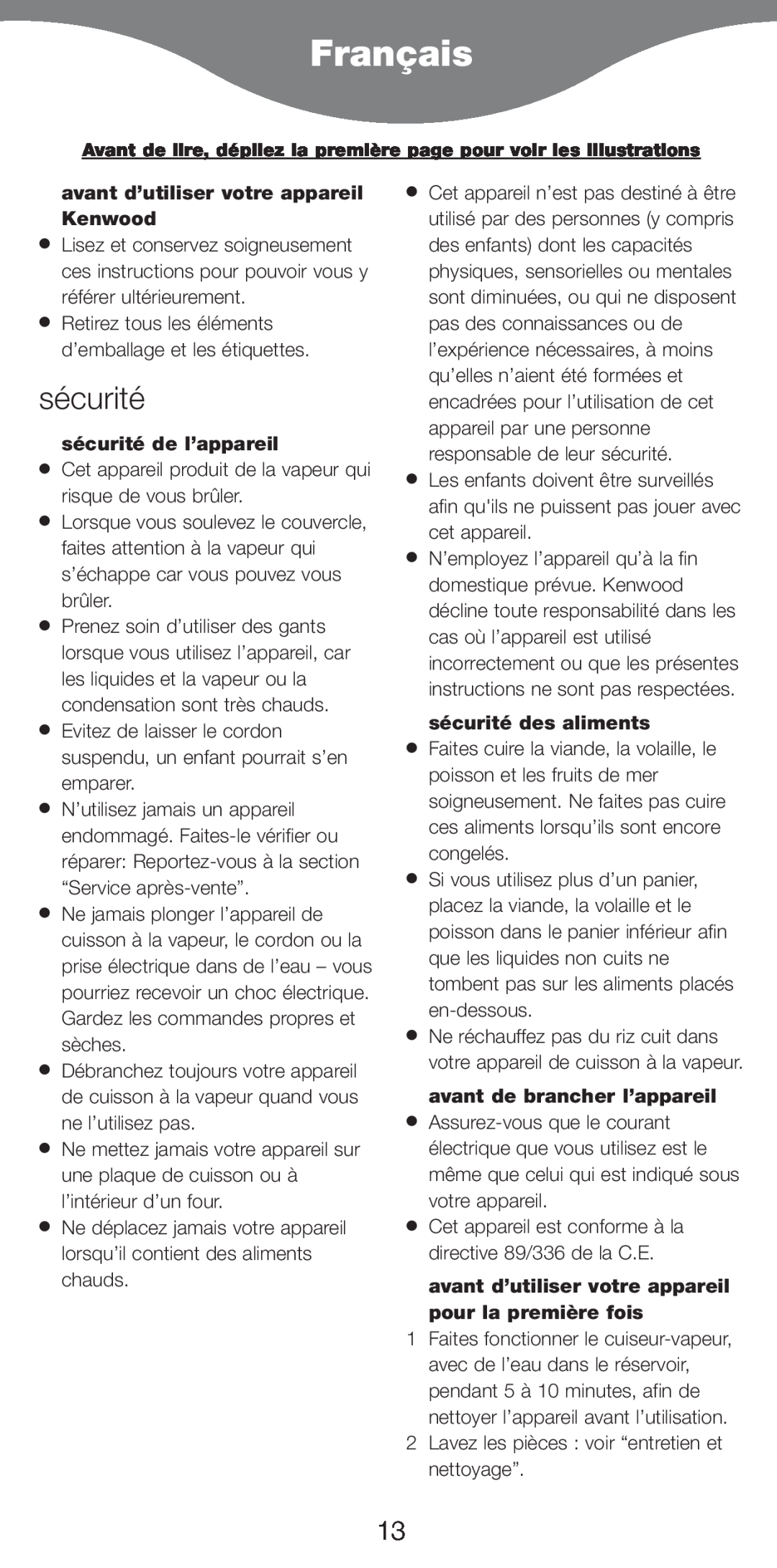 Kenwood FS620 manual Français, avant d’utiliser votre appareil Kenwood, sécurité de l’appareil, sécurité des aliments 