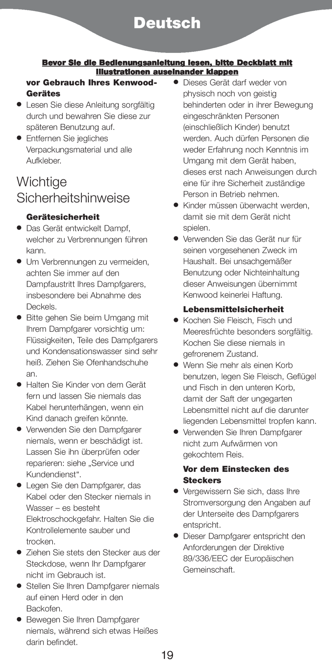 Kenwood FS620 manual Deutsch, Wichtige Sicherheitshinweise, vor Gebrauch Ihres Kenwood- Gerätes, Gerätesicherheit 