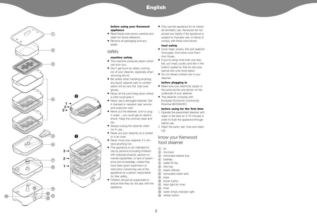 Kenwood FS620 manual English, know your Kenwood food steamer, before using your Kenwood appliance, machine safety 