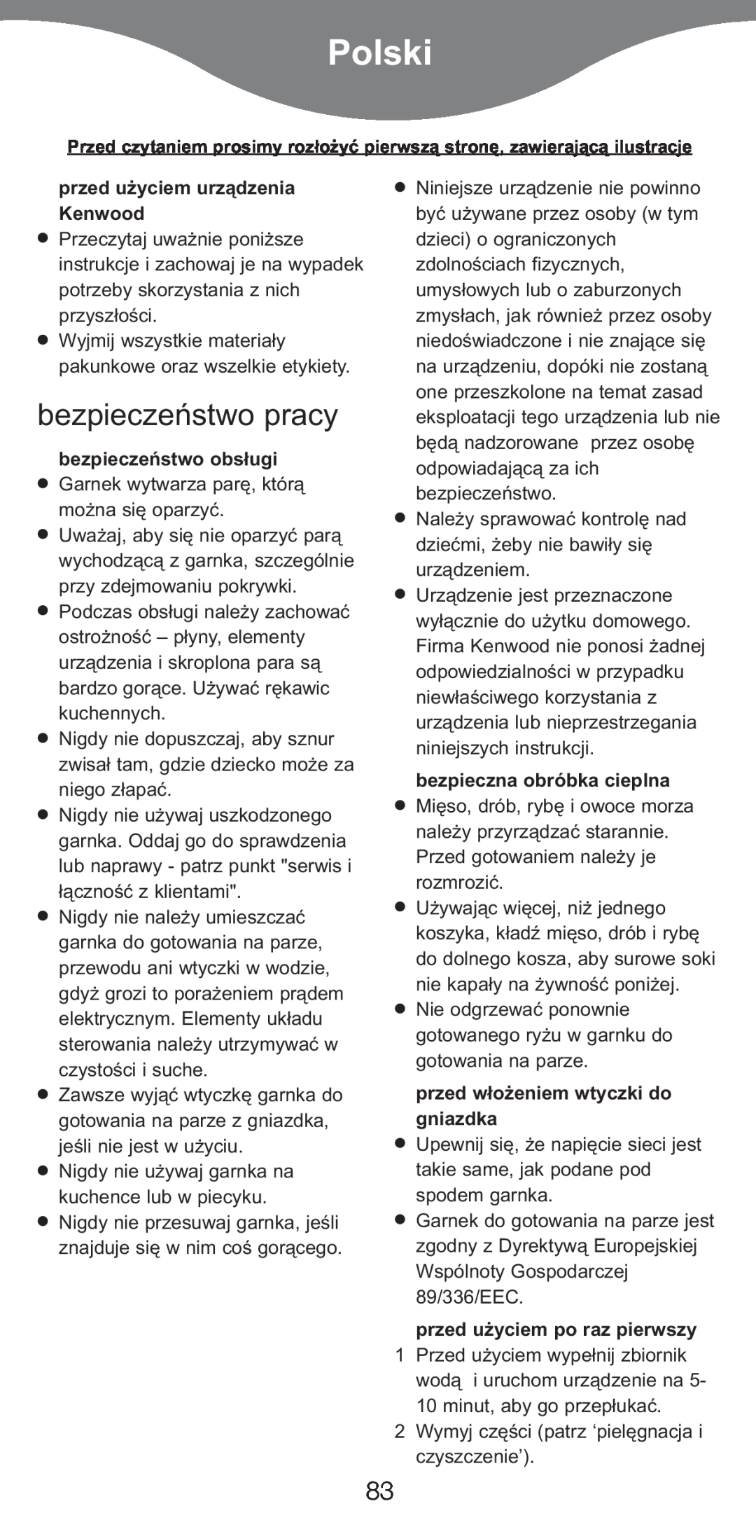 Kenwood FS620 manual Polski, bezpieczeæstwo pracy, przed użyciem urządzenia Kenwood, bezpieczeæstwo obs¢ugi 
