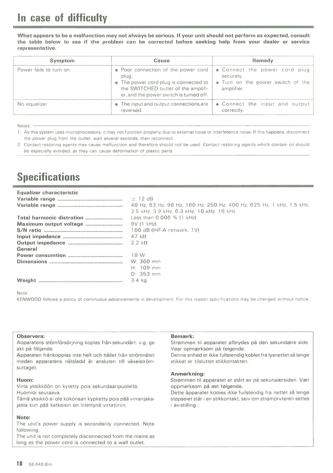 Kenwood GE-940 manual 