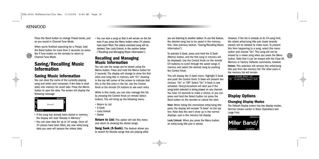 Kenwood H2EC Saving/Recalling Music Information, Saving Music Information, Display Options, Changing Display Modes 