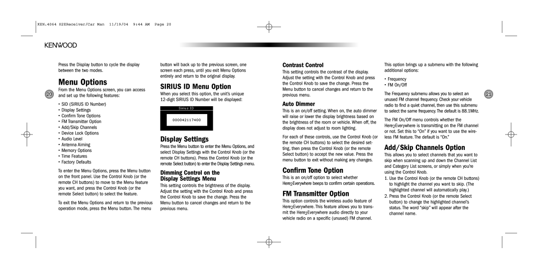 Kenwood H2EC operating instructions Menu Options 