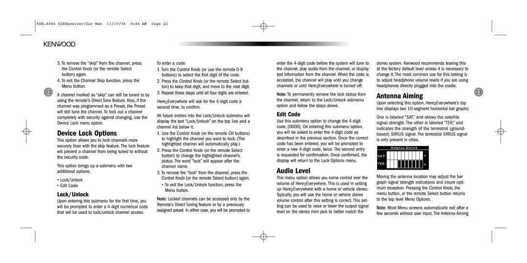 Kenwood H2EC operating instructions Antenna Aiming, Device Lock Options, Audio Level, Lock/Unlock, Edit Code 