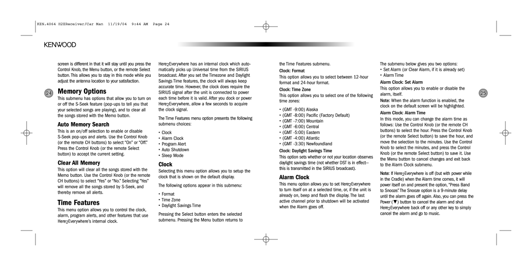 Kenwood H2EC operating instructions Memory Options, Time Features 