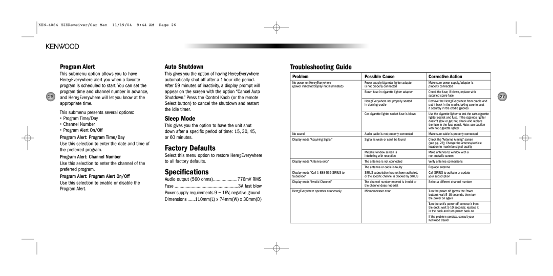 Kenwood H2EC operating instructions Factory Defaults, Specifications, Troubleshooting Guide 