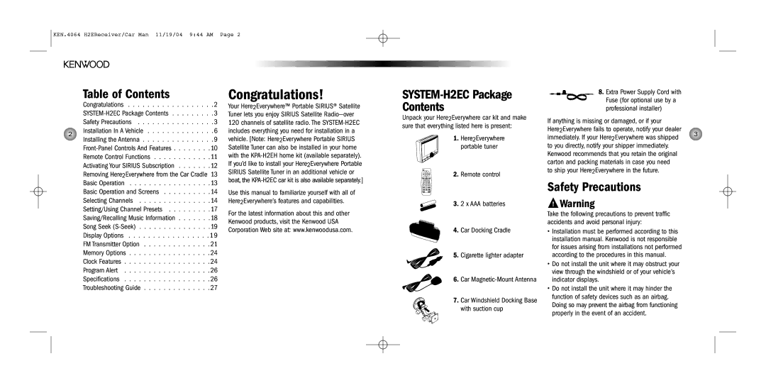 Kenwood operating instructions Congratulations, Table of Contents, SYSTEM-H2EC Package Contents, Safety Precautions 