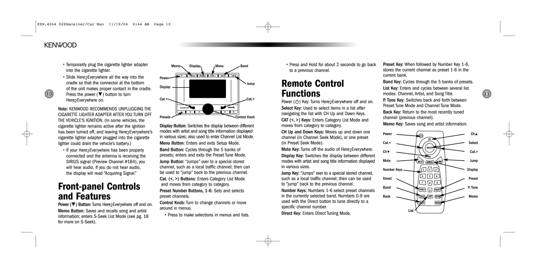 Kenwood H2EC Remote Control Functions, Front-panel Controls and Features, Modes Channel, Artist, and Song Title 