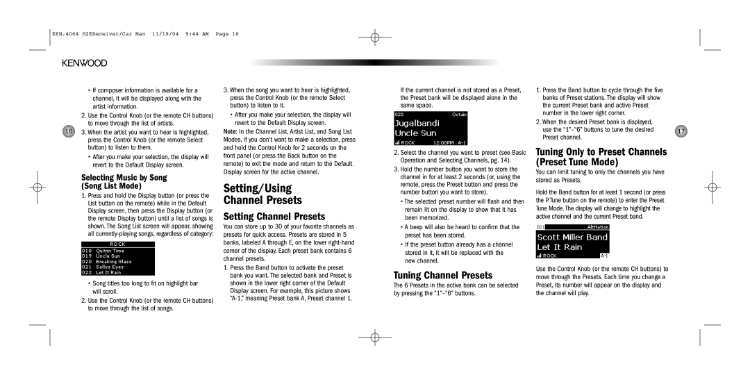 Kenwood H2EC operating instructions Setting/Using Channel Presets, Setting Channel Presets, Tuning Channel Presets 