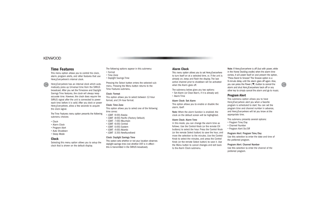 Kenwood H2EV operating instructions Time Features, Alarm Clock, Program Alert 