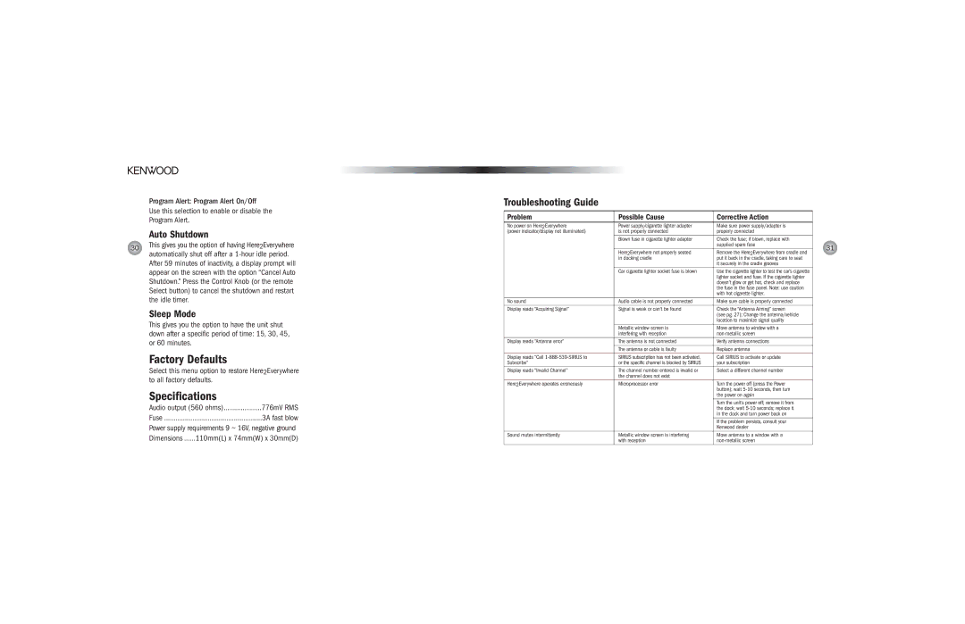 Kenwood H2EV operating instructions Factory Defaults, Specifications, Auto Shutdown, Sleep Mode 