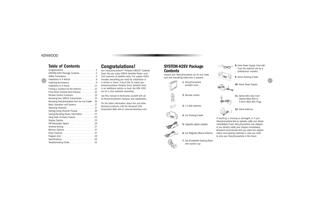 Kenwood operating instructions Table of Contents, SYSTEM-H2EV Package Contents 