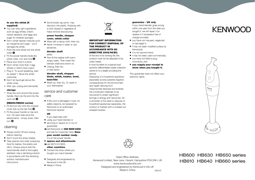 Kenwood HB640, HB660, HB630, HB650 manual Cleaning, Service and customer care 