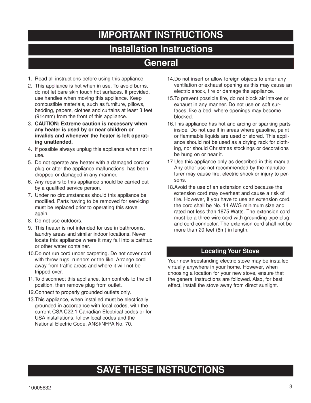 Kenwood HES20 installation instructions Installation Instructions General, Locating Your Stove 