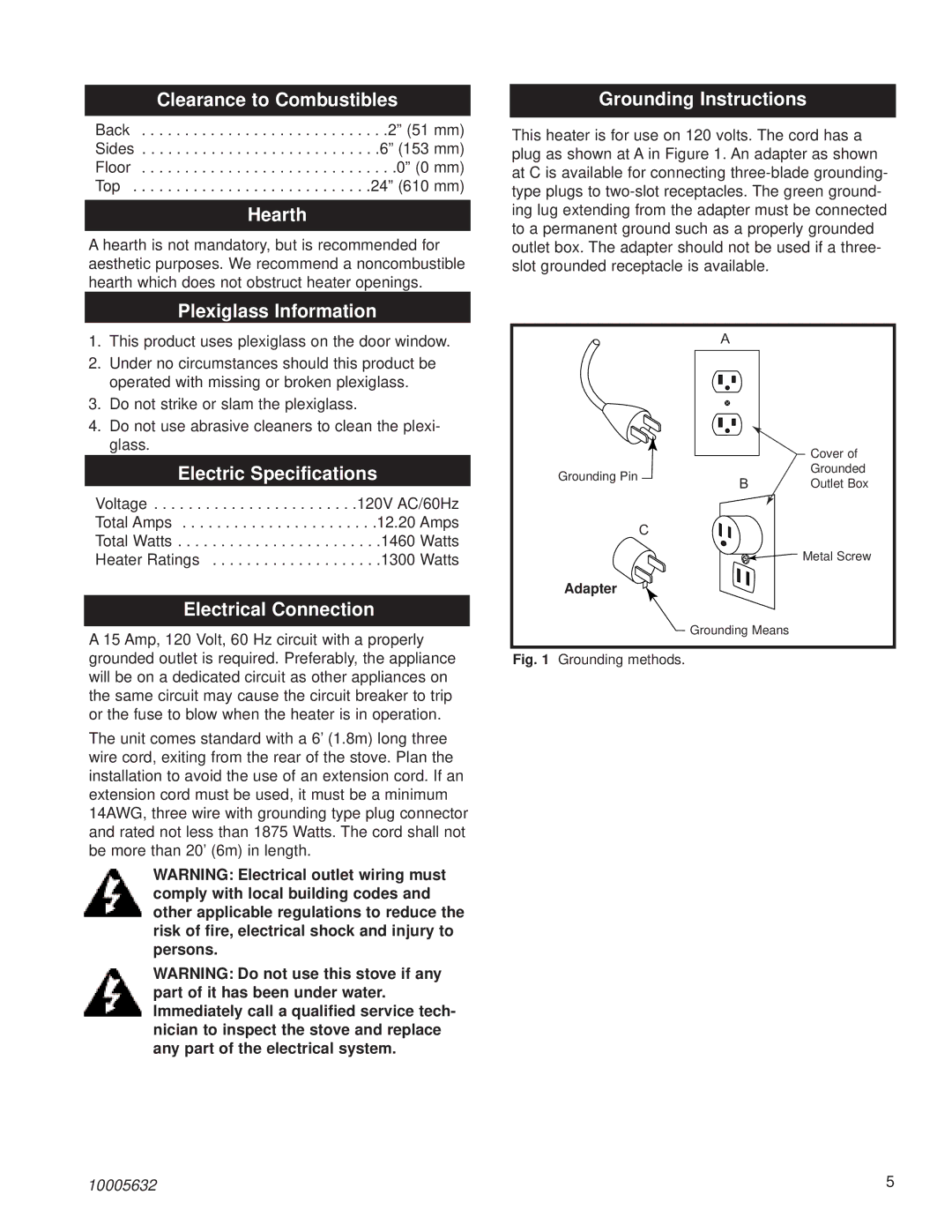 Kenwood HES20 Clearance to Combustibles, Hearth, Plexiglass Information, Electric Specifications, Electrical Connection 