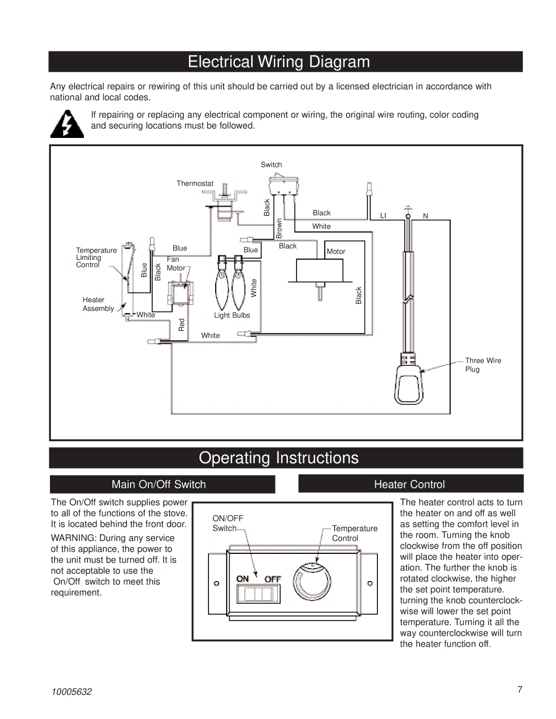 Kenwood HES20 Electrical Wiring Diagram, Operating Instructions, Main On/Off Switch Heater Control 