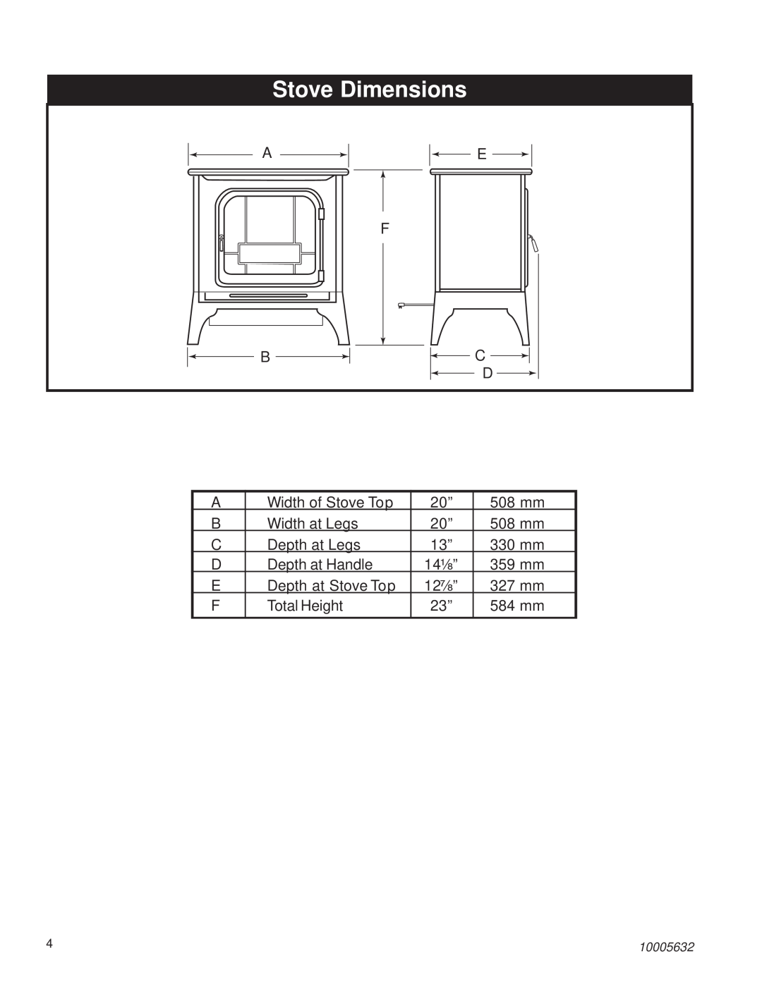 Kenwood HES20 installation instructions Stove Dimensions 