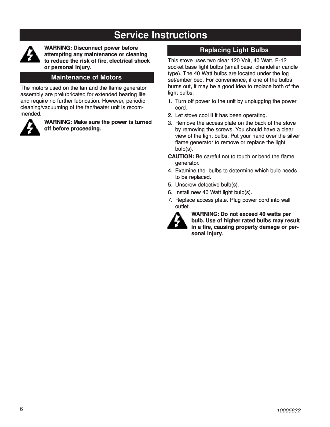 Kenwood HES20 installation instructions Service Instructions, Maintenance of Motors, Replacing Light Bulbs, 10005632 