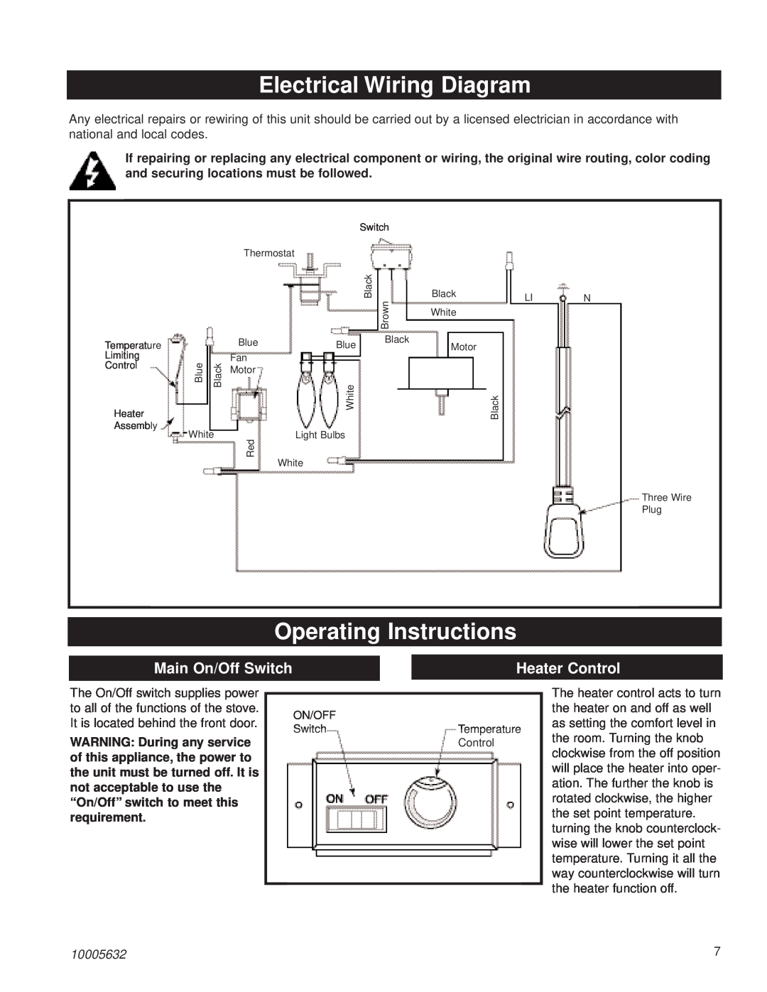 Kenwood HES20 Electrical Wiring Diagram, Operating Instructions, Main On/Off Switch, Heater Control, 10005632 