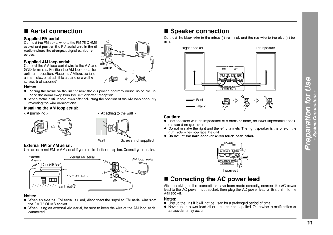 Kenwood HM-233 instruction manual Aerial connection, Speaker connection, Connecting the AC power lead 