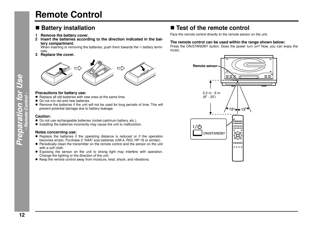 Kenwood HM-233 instruction manual Remote Control, Battery installation, Test of the remote control 