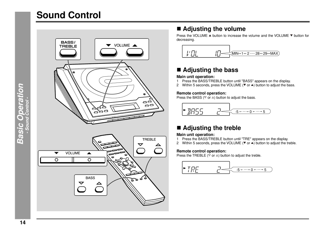 Kenwood HM-233 instruction manual Sound Control, Adjusting the volume, Adjusting the bass, Adjusting the treble 