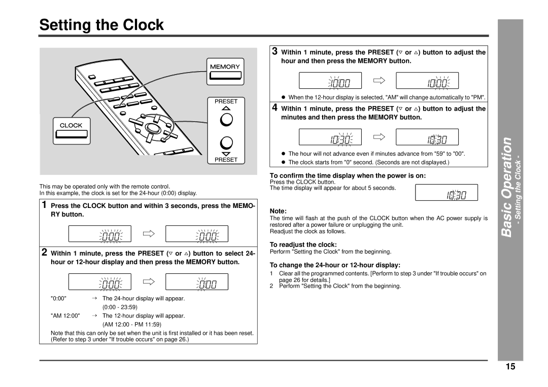 Kenwood HM-233 Setting the Clock, To confirm the time display when the power is on, To readjust the clock 