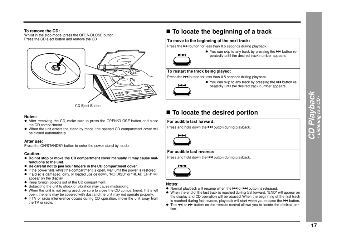 Kenwood HM-233 instruction manual To locate the beginning of a track, To locate the desired portion 