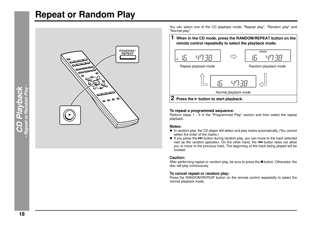 Kenwood HM-233 instruction manual Repeat or Random Play, Playback, To cancel repeat or random play 