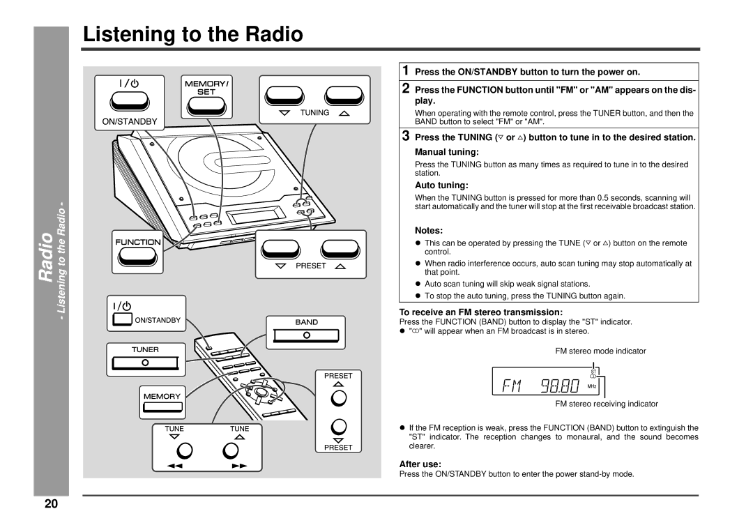 Kenwood HM-233 instruction manual Listening to the Radio, Auto tuning, To receive an FM stereo transmission 