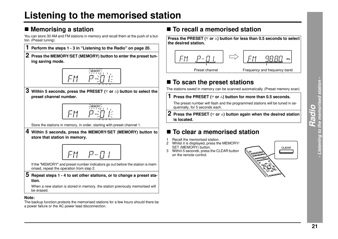 Kenwood HM-233 instruction manual Listening to the memorised station, Memorising a station, To scan the preset stations 