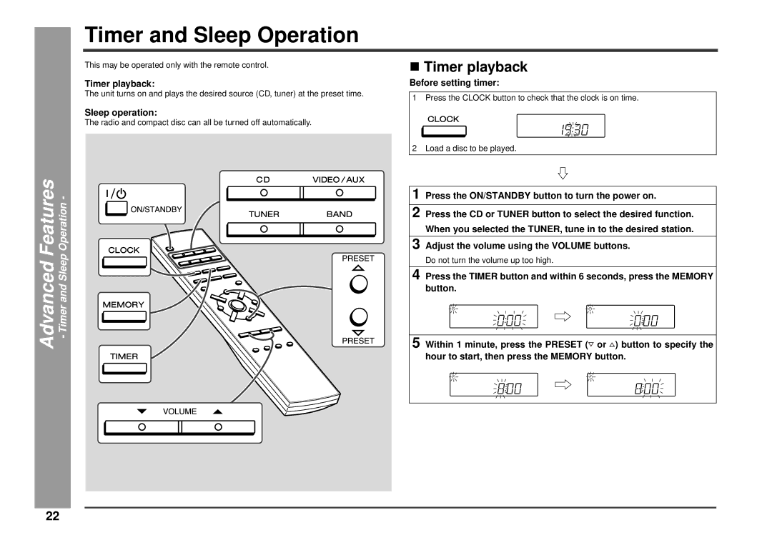 Kenwood HM-233 instruction manual Timer and Sleep Operation, Timer playback, Sleep operation, Before setting timer 