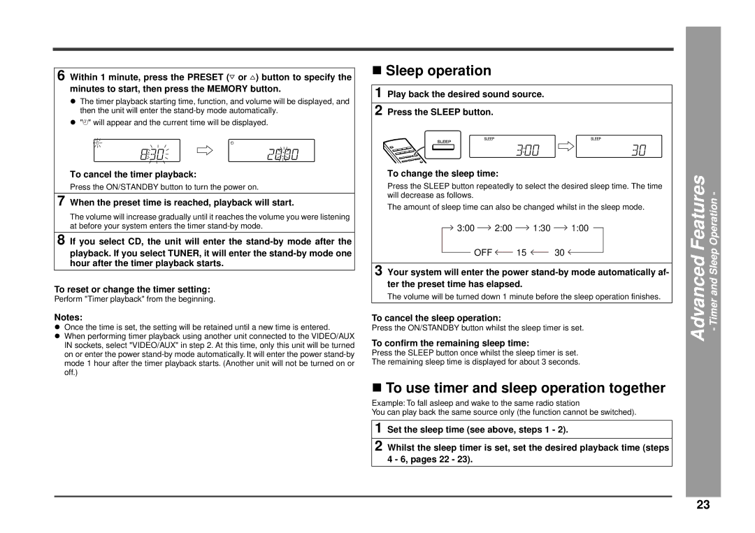 Kenwood HM-233 instruction manual Sleep operation, To use timer and sleep operation together 