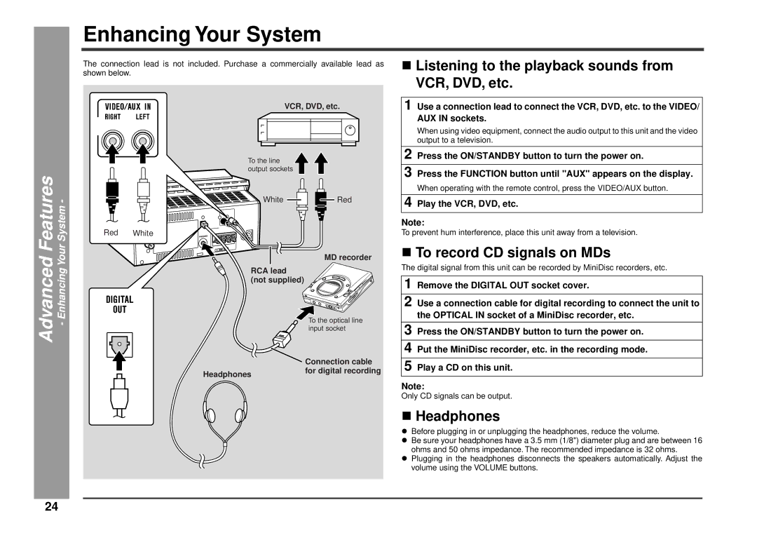 Kenwood HM-233 Enhancing Your System, Advanced Features, Listening to the playback sounds from VCR, DVD, etc, Headphones 